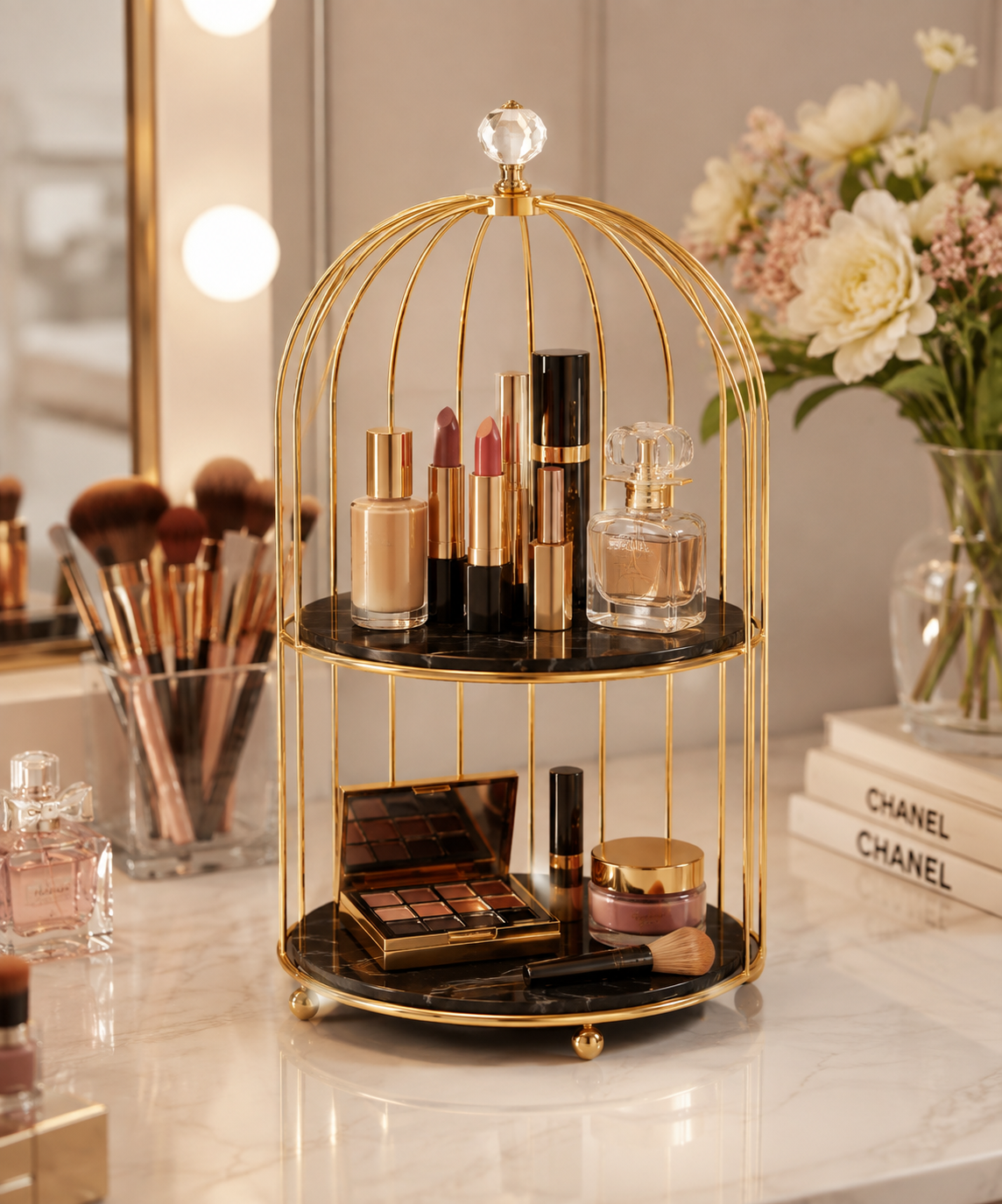 2 Layers Cosmetics Cage Organizer – Elegant Vanity & Makeup Storage Rack
