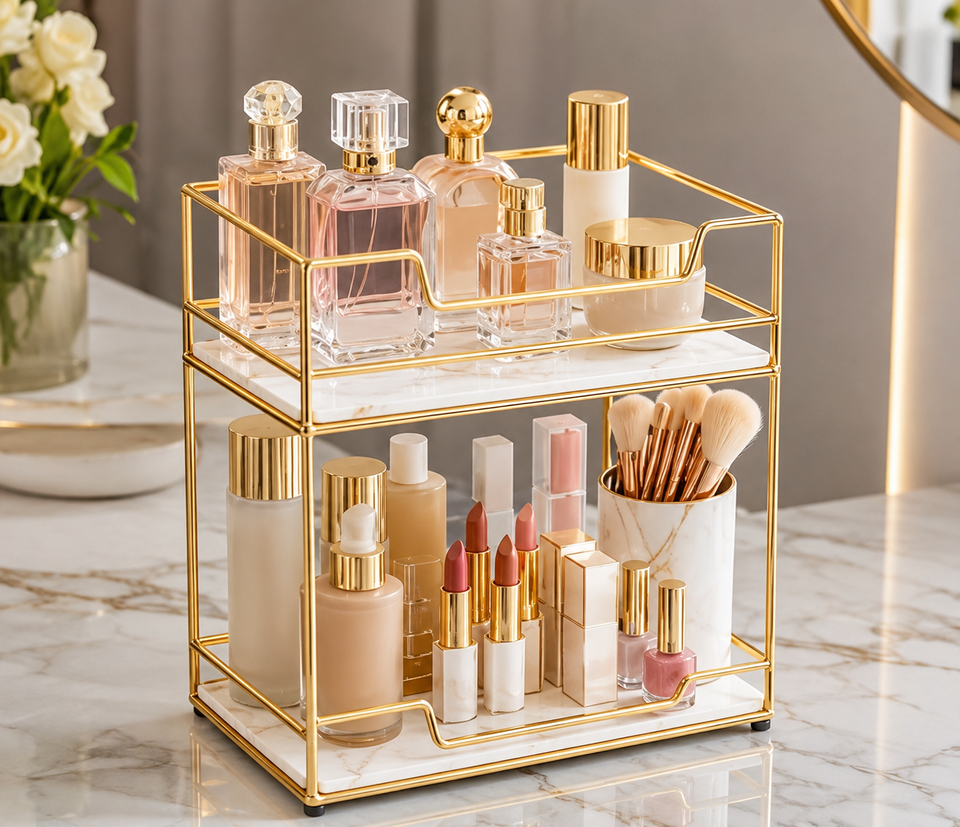 Luxury 2 Tier Gold Cosmetic Organizer Tray