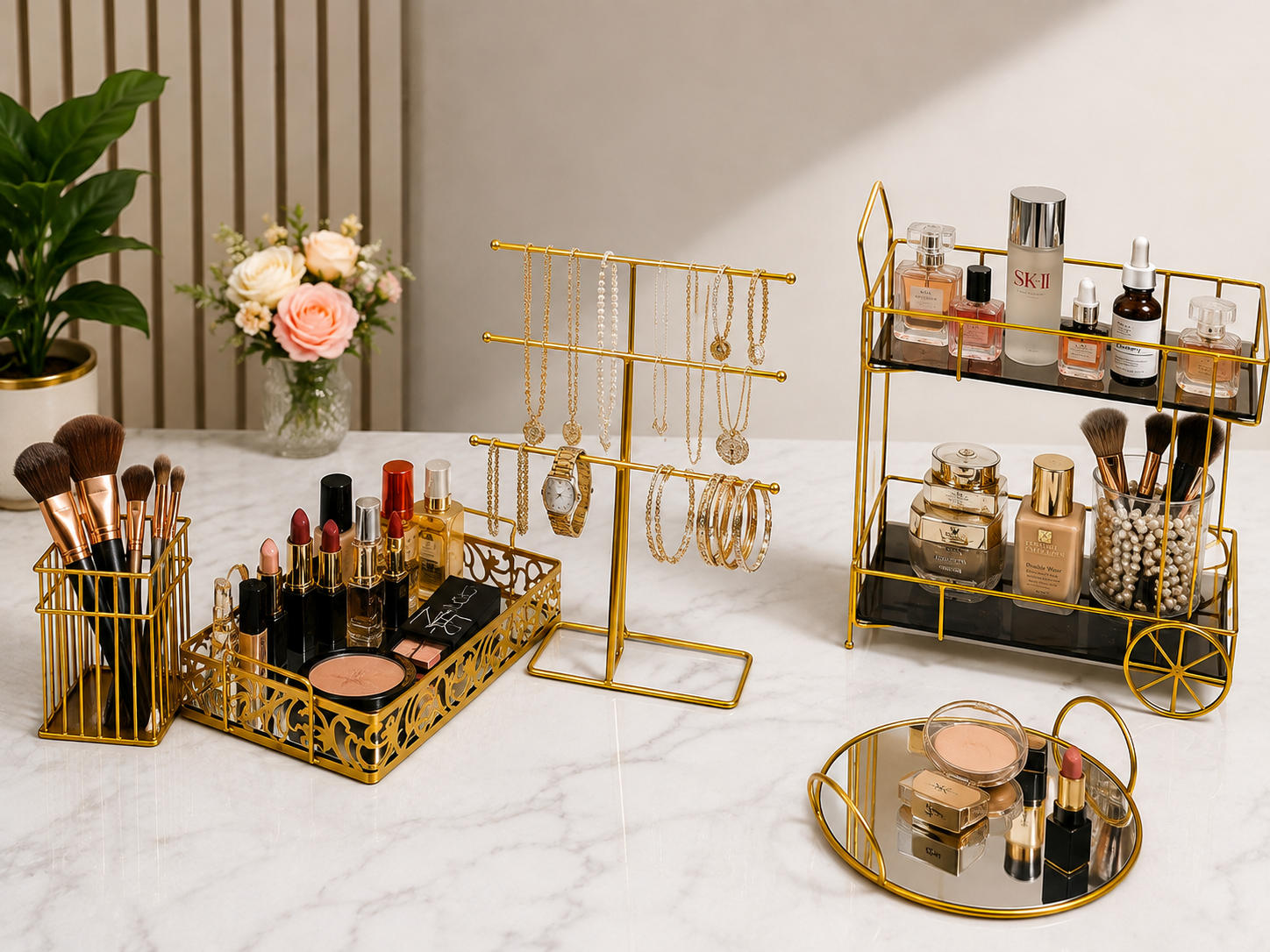 Deal No 5 Luxury Gold Vanity Organizer – 5 Pcs Makeup & Jewelry Storage Set