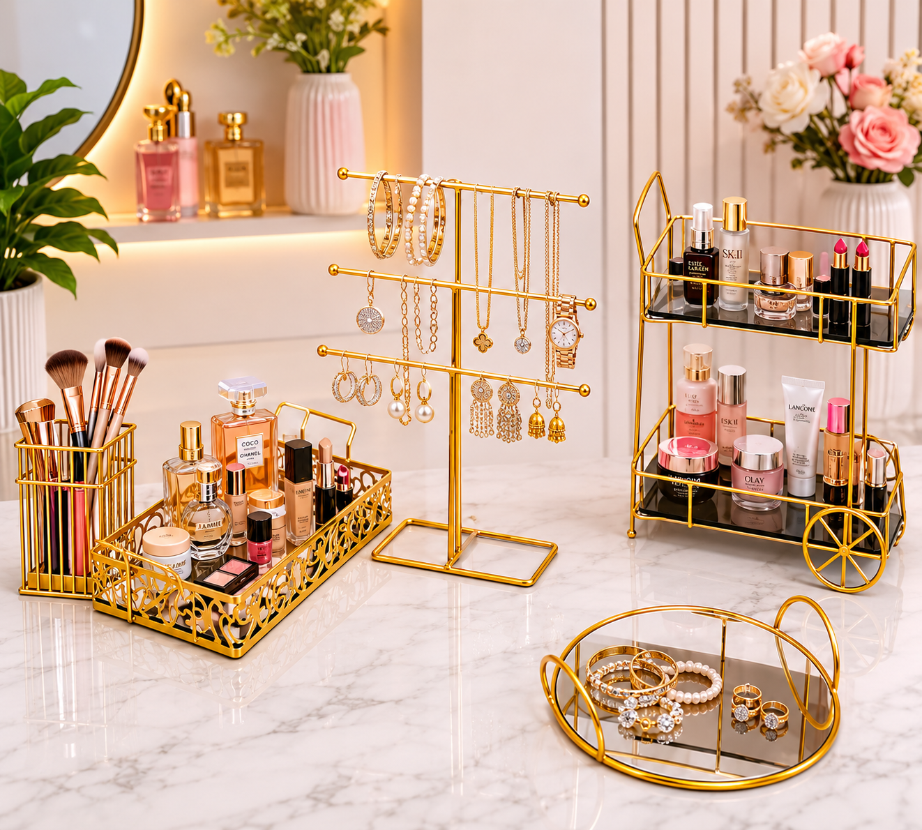 Deal No 5 Luxury Gold Vanity Organizer – 5 Pcs Makeup & Jewelry Storage Set