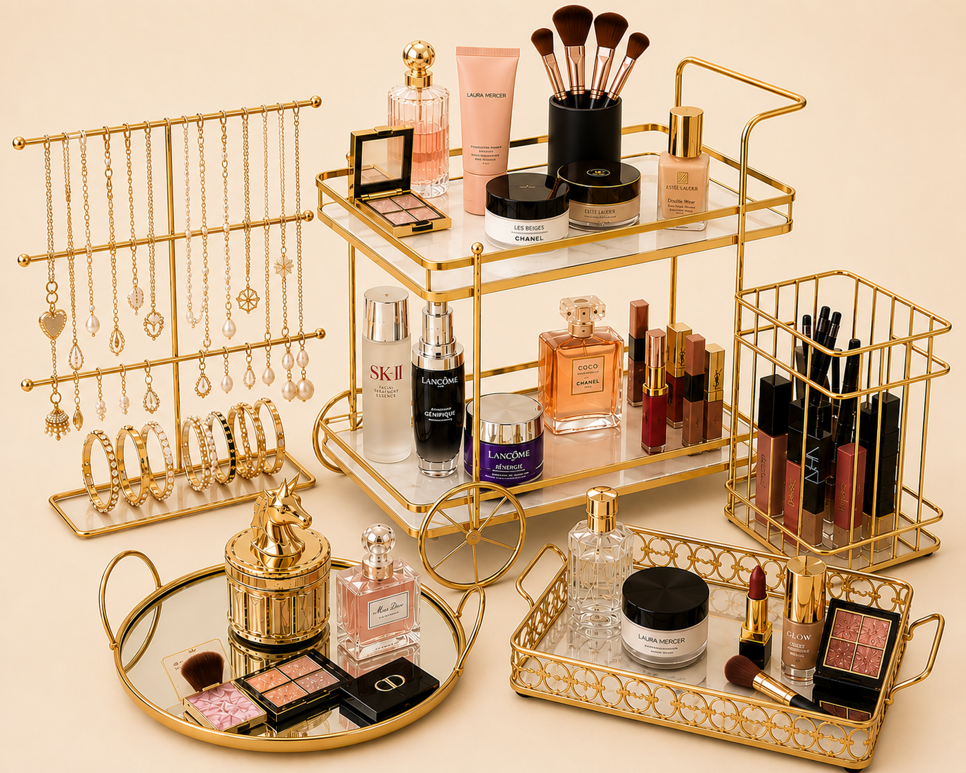 Deal No 5 Luxury Gold Vanity Organizer – 5 Pcs Makeup & Jewelry Storage Set