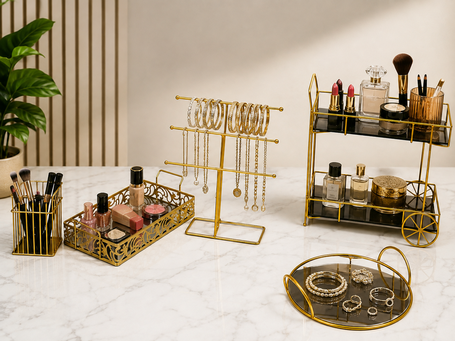 Deal No 5 Luxury Gold Vanity Organizer – 5 Pcs Makeup & Jewelry Storage Set