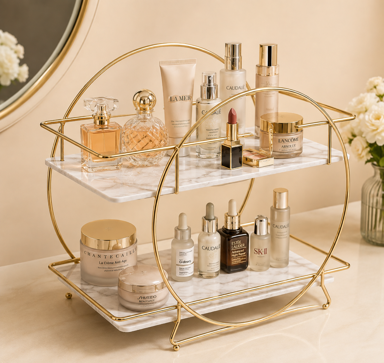 Luxury 2-Tier Gold  Makeup & Skincare Organizer Rack for Bathroom Countertop