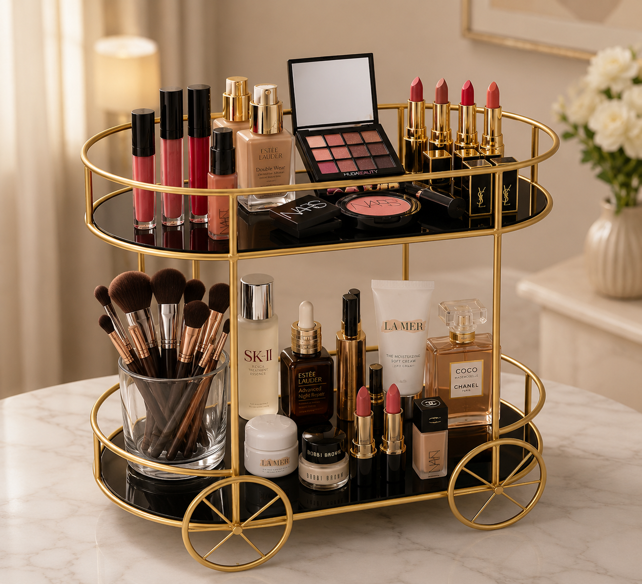 2-Tier Trolley Shape Cosmetics & Food Display Stand