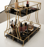 Luxury 2-Tier Marble Cosmetic Organizer Stand – Gold Frame Vanity Shelf