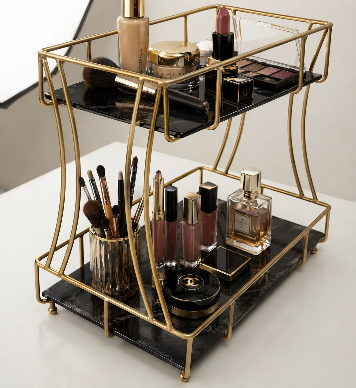 Luxury 2-Tier Marble Cosmetic Organizer Stand – Gold Frame Vanity Shelf