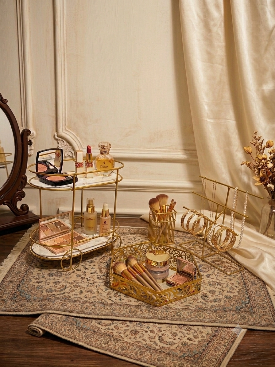 Deal No 4-Luxury Gold Vanity Organizer - 4 Pcs Makeup & Jewelry Storage Set
