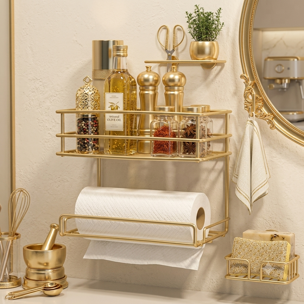 Luxury Gold Wall Mounted 2-Tier Bathroom & Cosmetic Organizer Rack