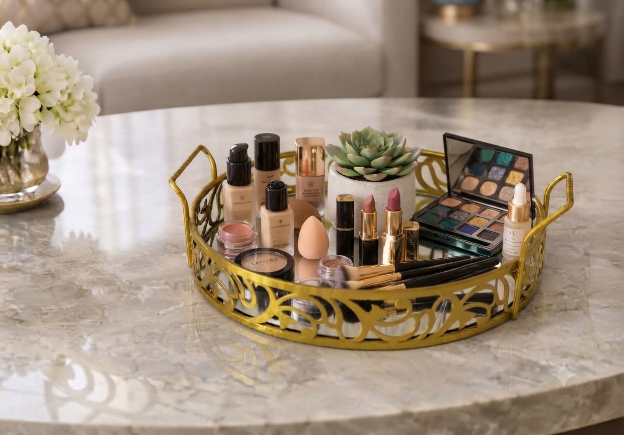 Luxury Golden Round Mirror Tray with Handles