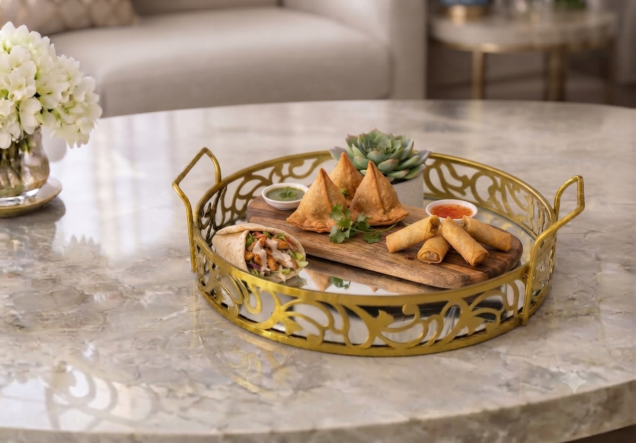 Luxury Golden Round Mirror Tray with Handles