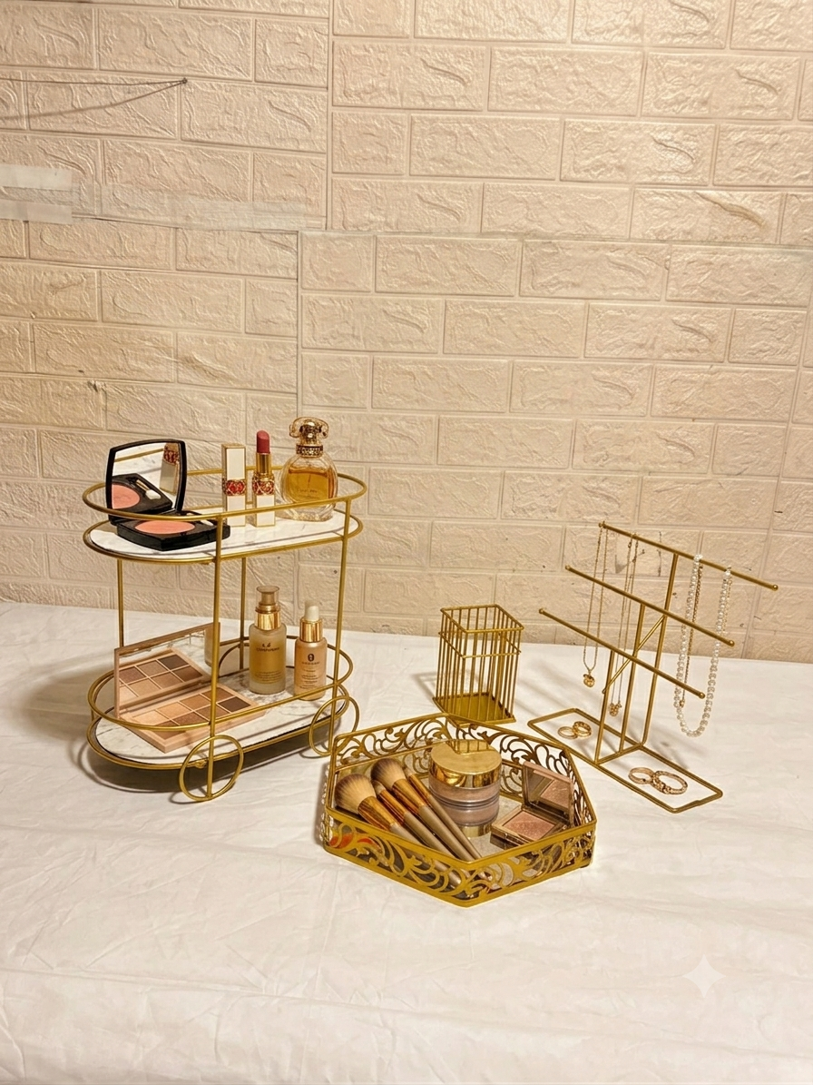 Deal No 4-Luxury Gold Vanity Organizer - 4 Pcs Makeup & Jewelry Storage Set