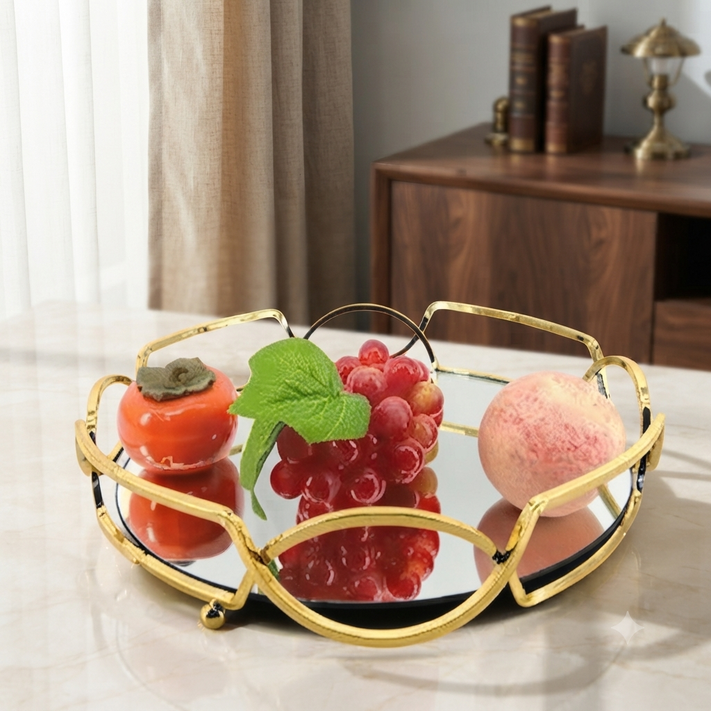 Round Shape Metal & Glass Cosmetics Storage Tray – Elegant Vanity Organizer