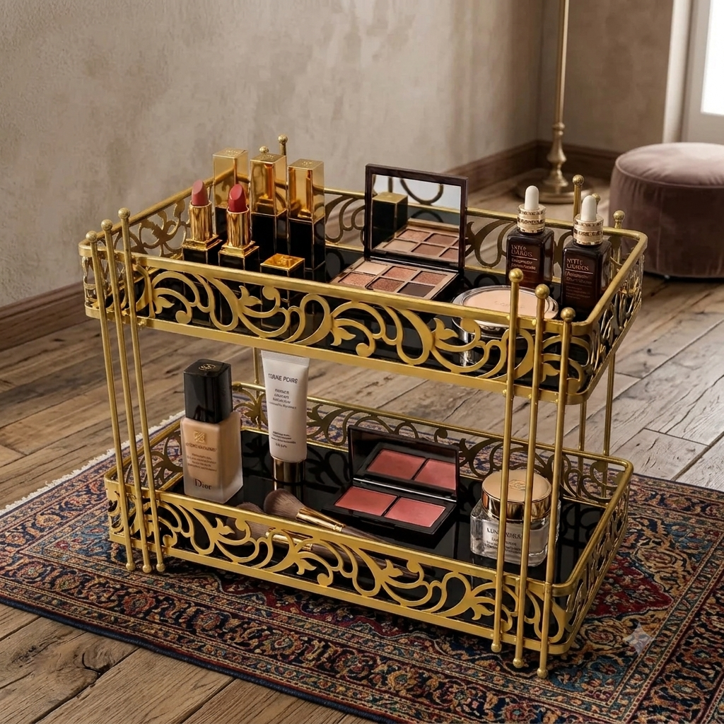 Luxury 2-Tier Gold Cosmetic Organizer Tray – White & Black Marble Design