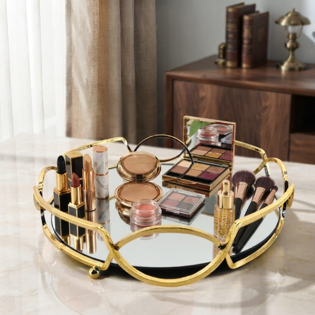 Round Shape Metal & Glass Cosmetics Storage Tray – Elegant Vanity Organizer
