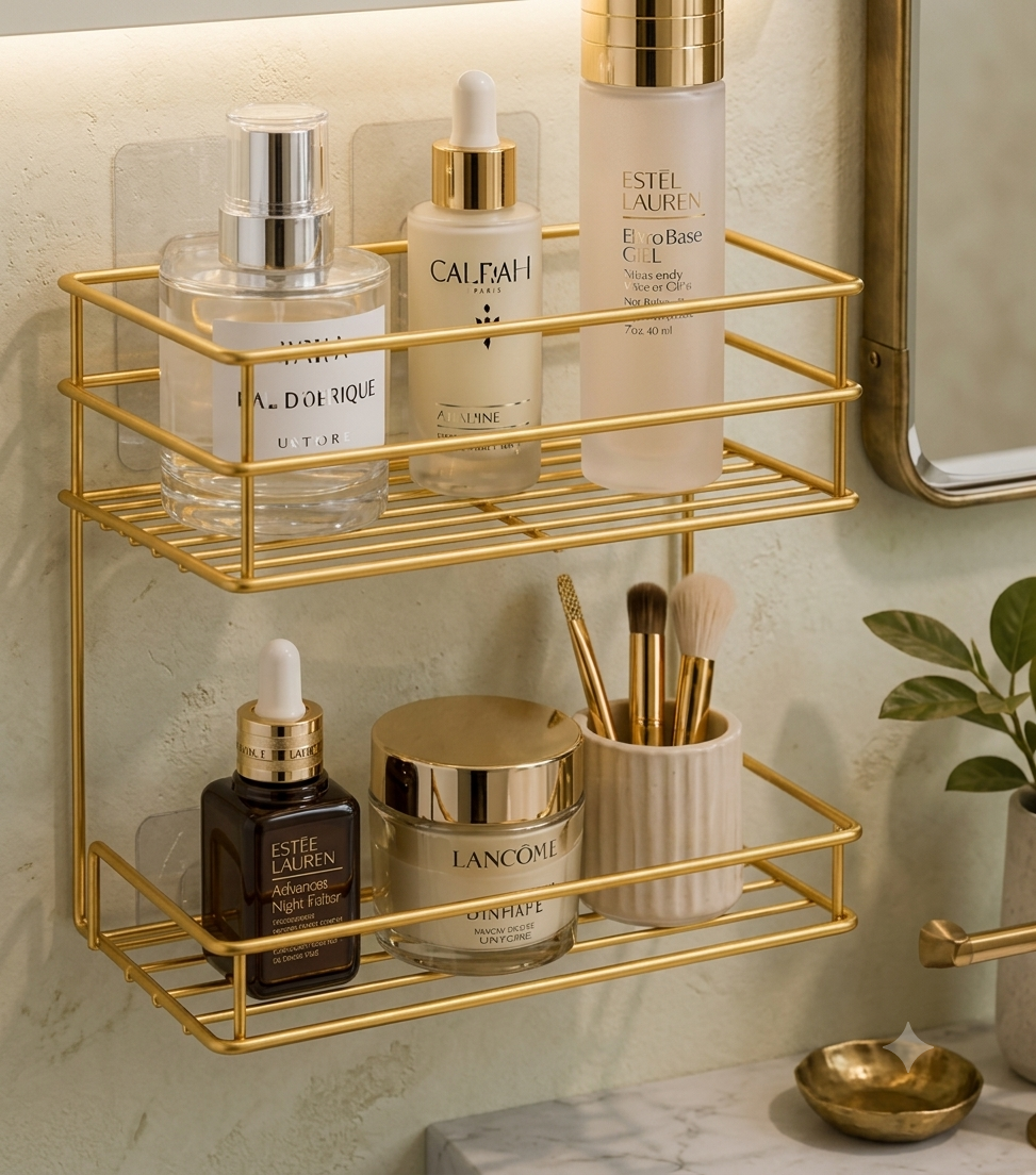 Luxury Gold Wall Mounted 2-Tier Bathroom & Cosmetic Organizer Rack