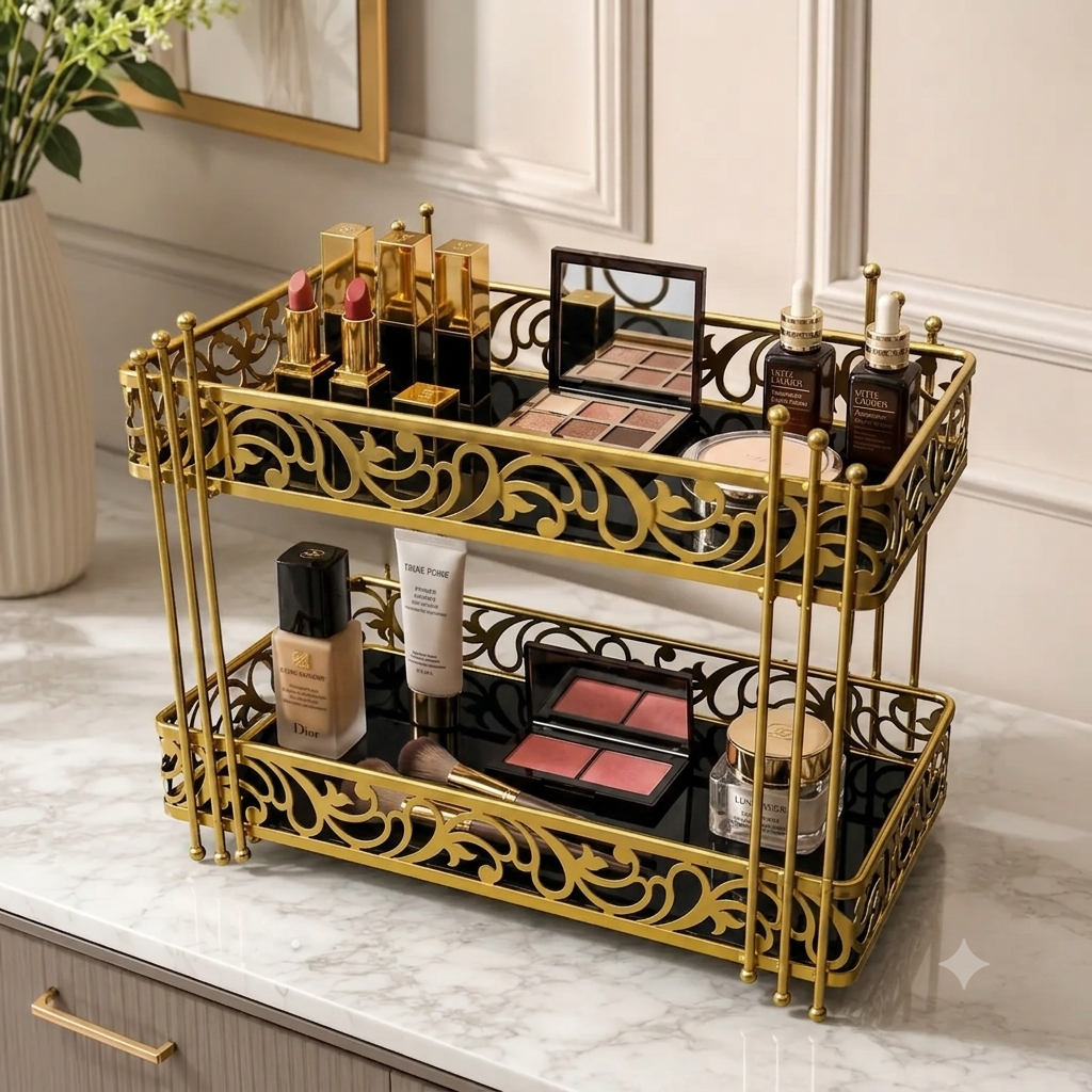 Luxury 2-Tier Gold Cosmetic Organizer Tray – White & Black Marble Design