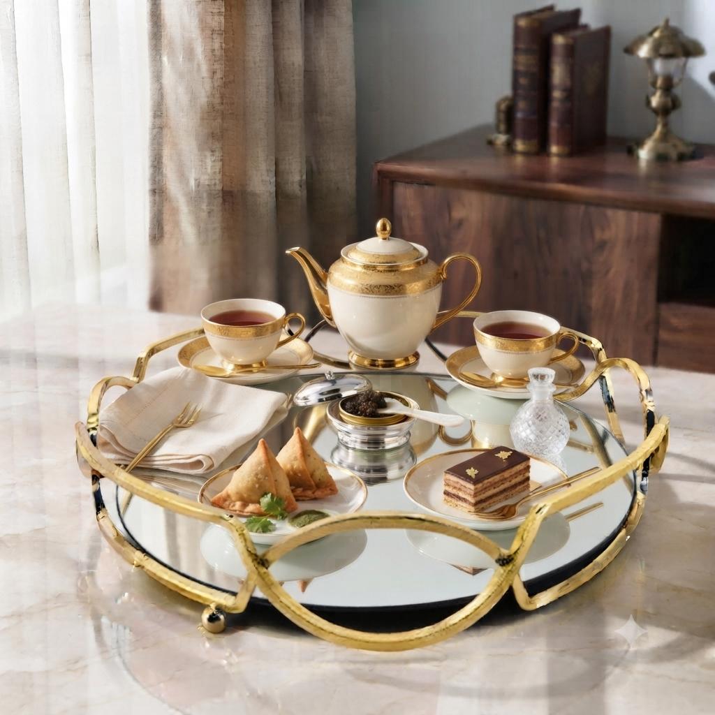 Round Shape Metal & Glass Cosmetics Storage Tray – Elegant Vanity Organizer