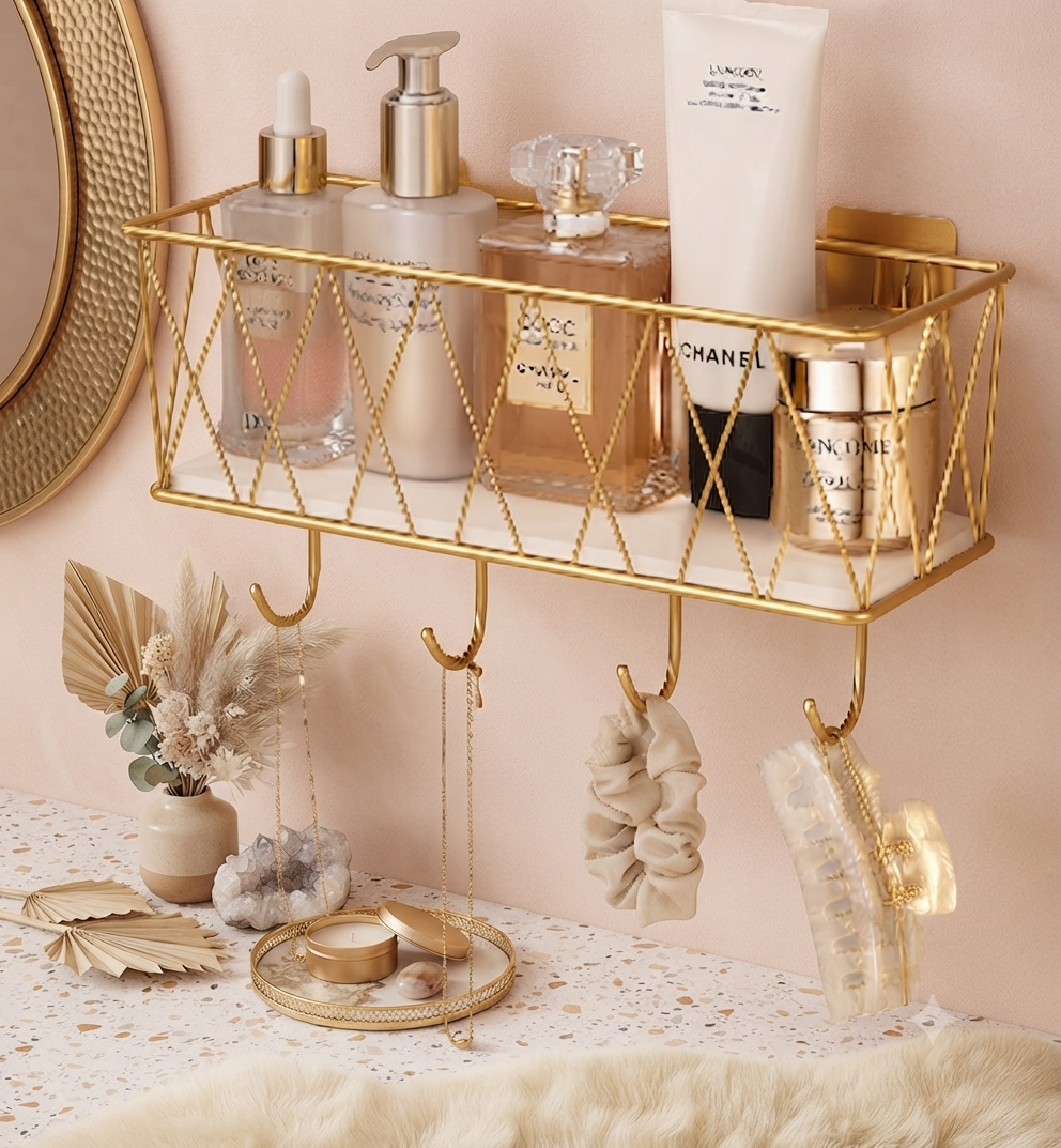 Luxury Gold Wall Mounted Cosmetic Organizer Shelf with Hooks