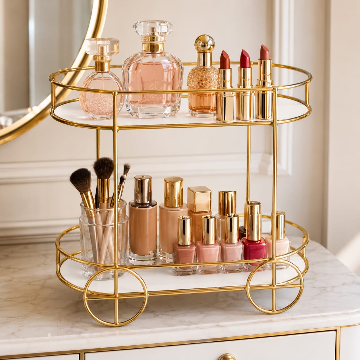 2-Tier Trolley Shape Cosmetics & Food Display Stand