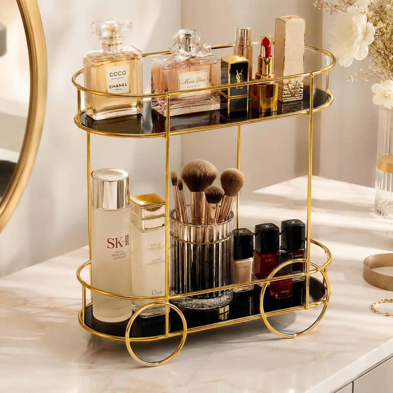 2-Tier Trolley Shape Cosmetics & Food Display Stand
