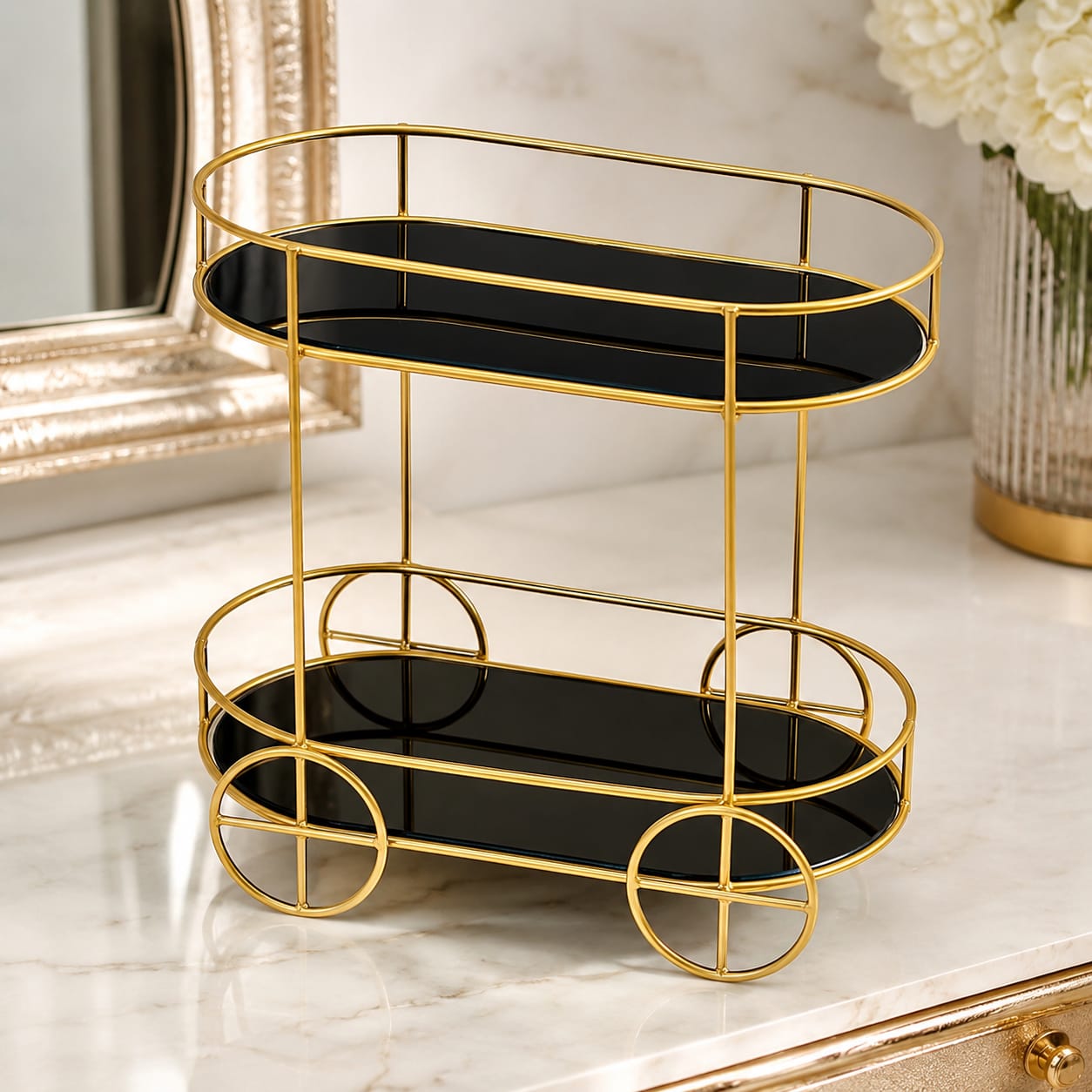 2-Tier Trolley Shape Cosmetics & Food Display Stand