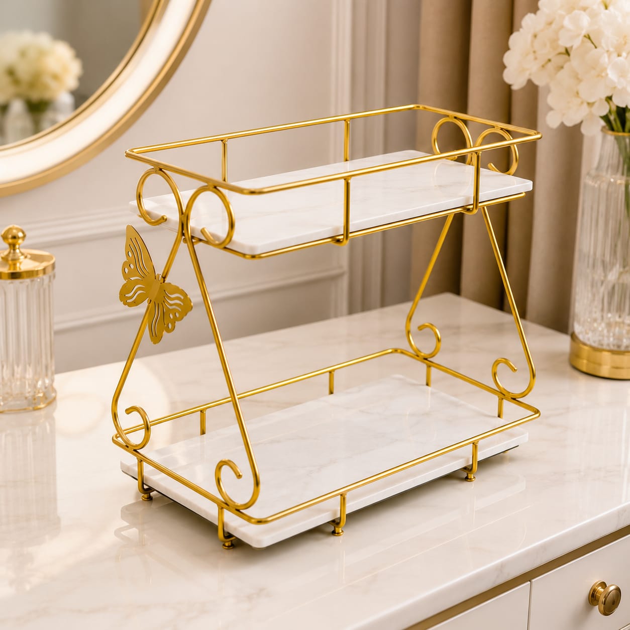 2 Layers Vanity Organizer Stand – Elegant Multi-Purpose Cosmetic & Skincare Storage Rack