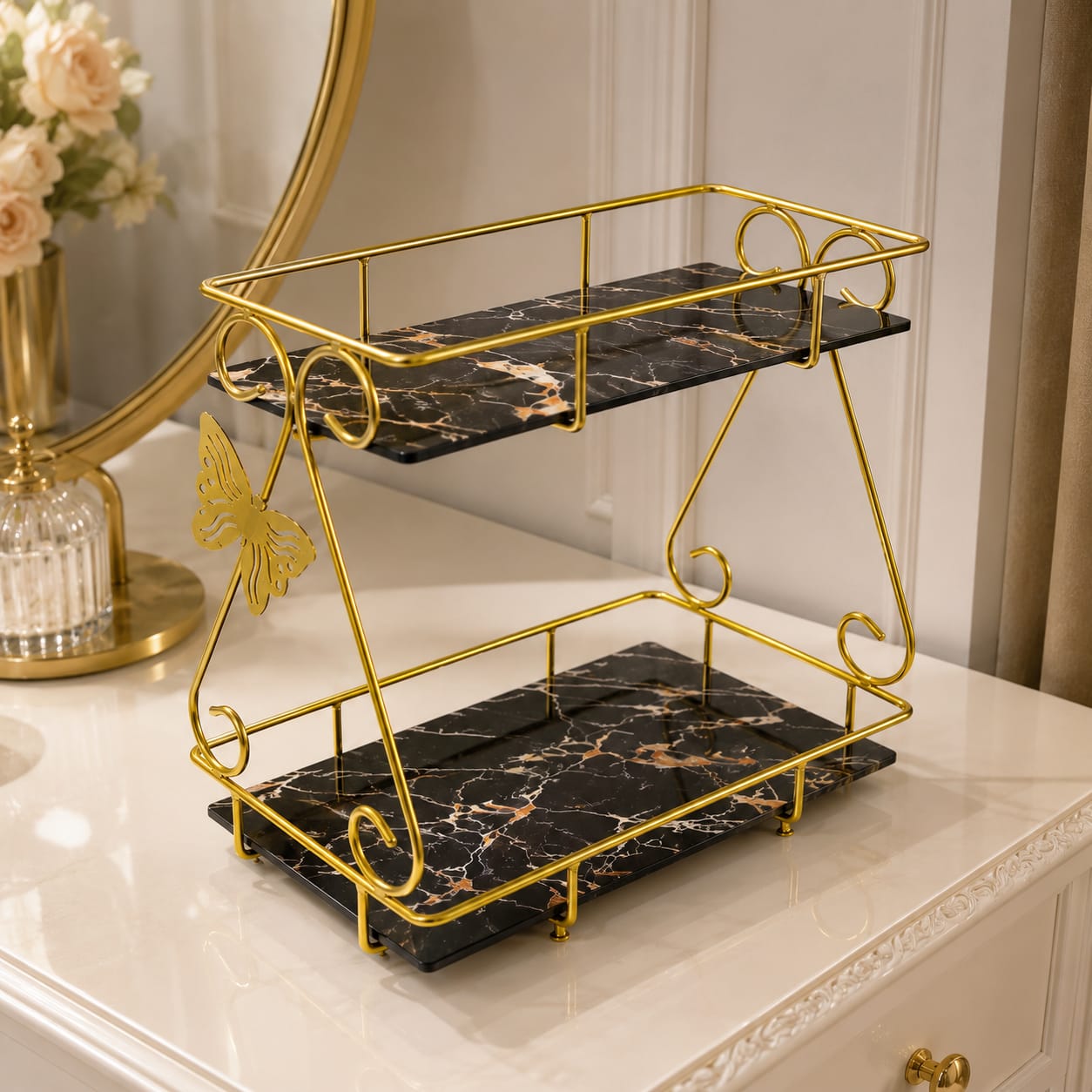 2 Layers Vanity Organizer Stand – Elegant Multi-Purpose Cosmetic & Skincare Storage Rack