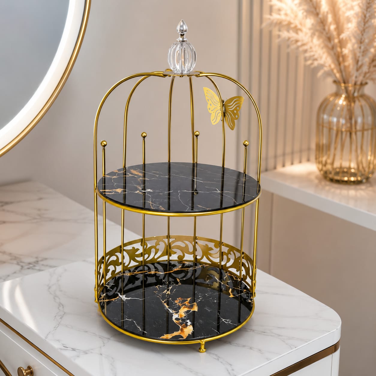 Butterfly 2 Layers Vanity Cage Organizer – Luxury Gold Makeup & Perfume Storage Stand