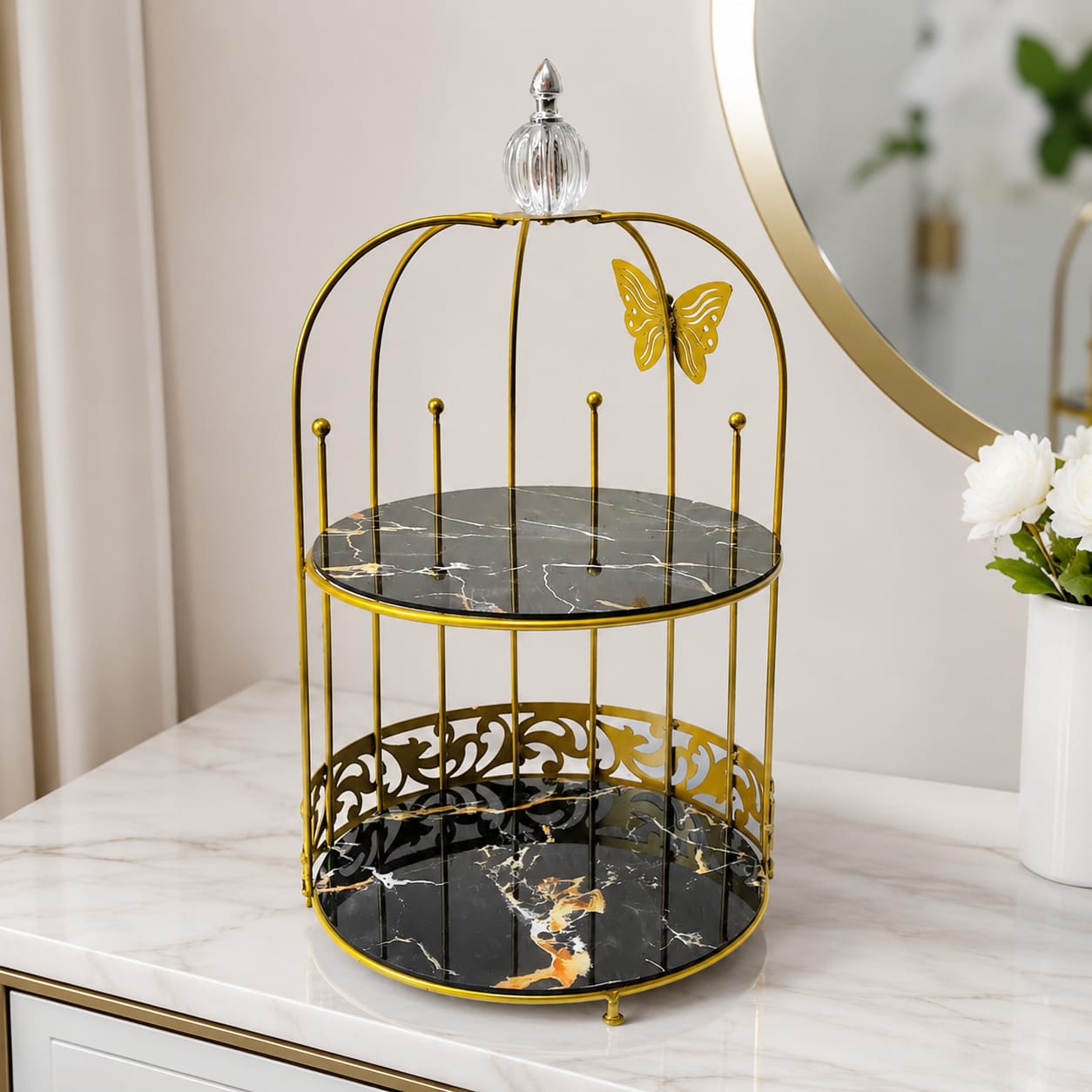Butterfly 2 Layers Vanity Cage Organizer – Luxury Gold Makeup & Perfume Storage Stand