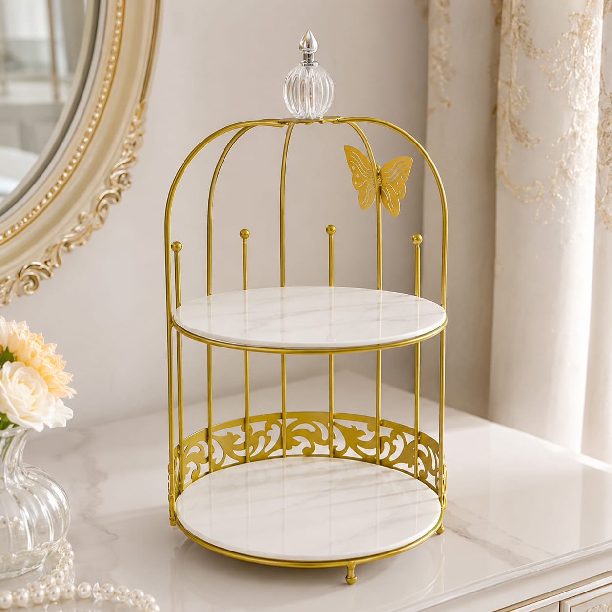 Butterfly 2 Layers Vanity Cage Organizer – Luxury Gold Makeup & Perfume Storage Stand