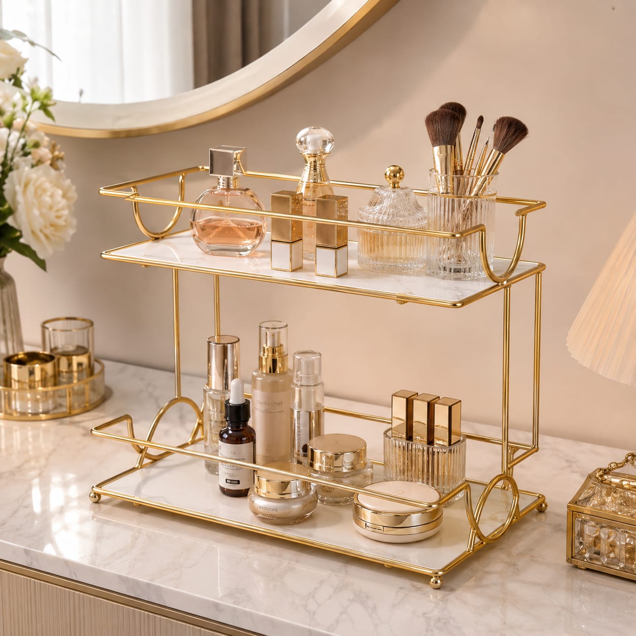 2 Layers Cosmetics Organizer for Dressing Table – Elegant Makeup & Skincare Storage Rack