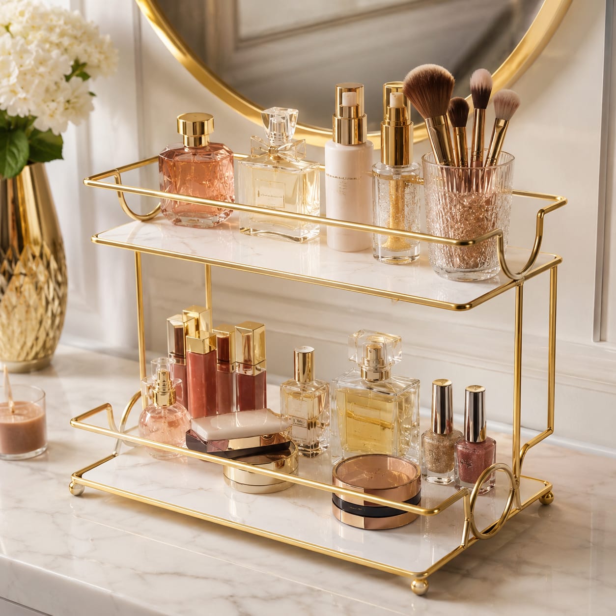 2 Layers Cosmetics Organizer for Dressing Table – Elegant Makeup & Skincare Storage Rack