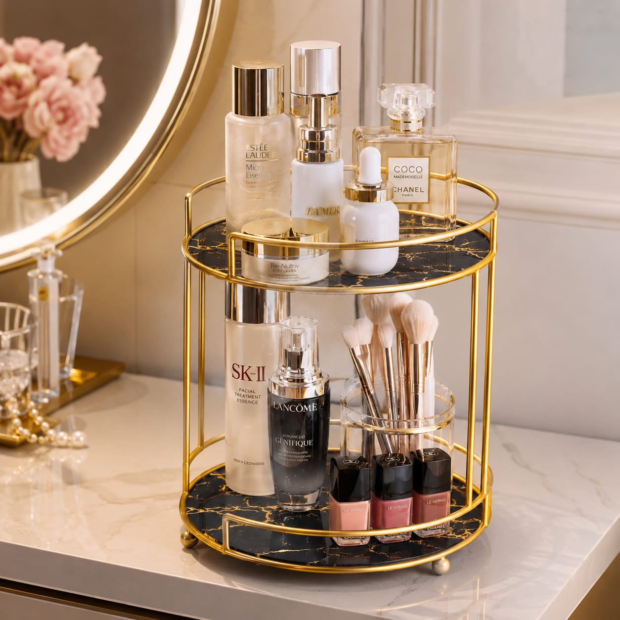 2 Layers Cosmetics Makeup Organizer Stand – Elegant Vanity Storage Rack for Makeup, Skincare & Perfumes