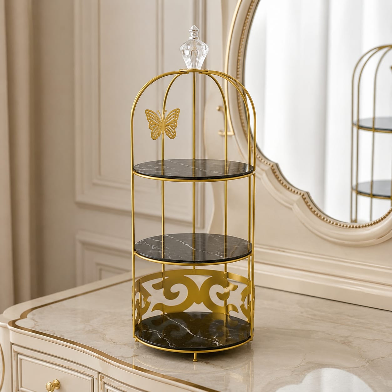 Butterfly 3 Layers Cosmetics Cage Organizer – Elegant Rotating Makeup & Jewelry Storage Rack