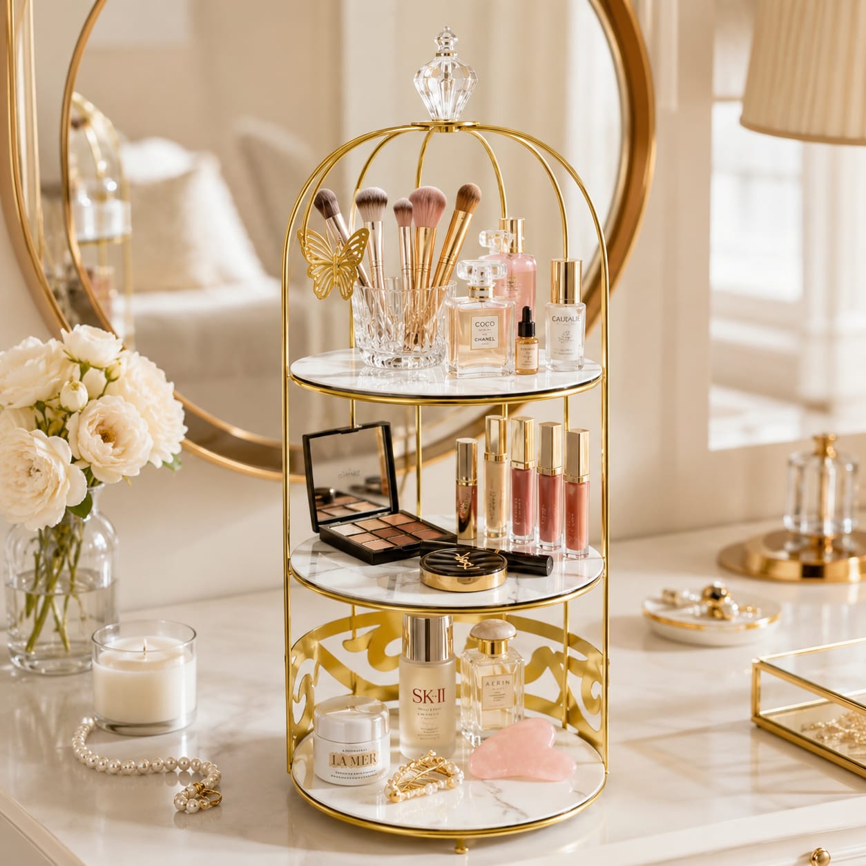 3 Layers Cage Cosmetics Storage Organizer – Multi-Tier Makeup & Skincare Storage Rack for Vanity, Bathroom & Dressing Table
