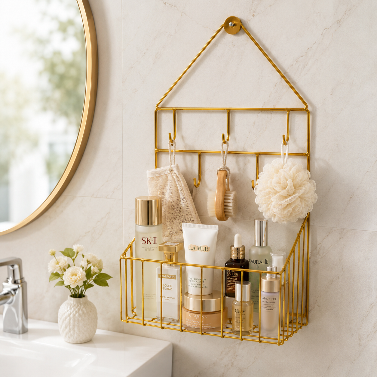 Luxury Golden Wall-Mounted Bathroom Organizer with Hooks