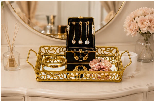 Luxury Golden Rectangular Mirror Tray with Handles