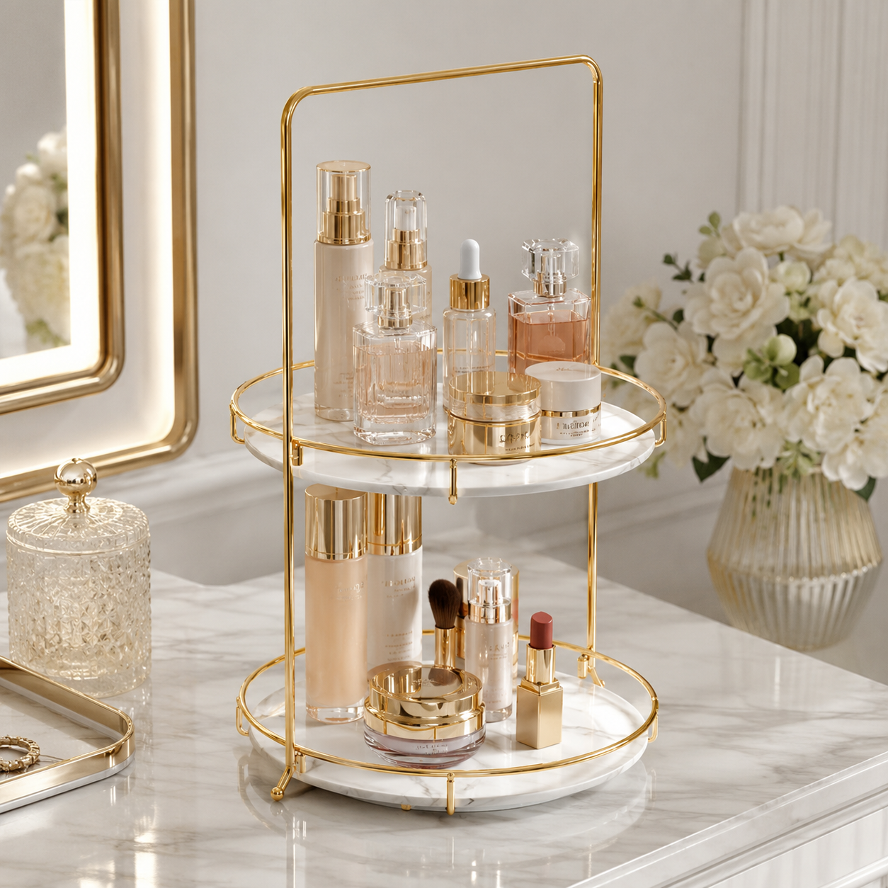 Luxury 2 Tier Black Marble Cosmetic Organizer Tray with Golden Stand