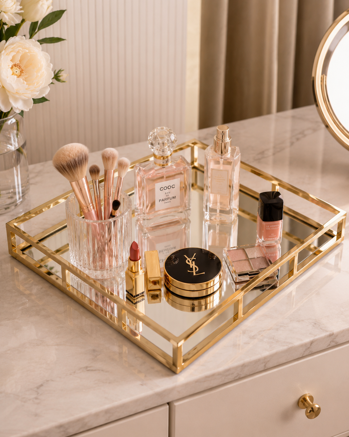 Luxury Gold Mirror Tray – Cosmetic & Perfume Organizer