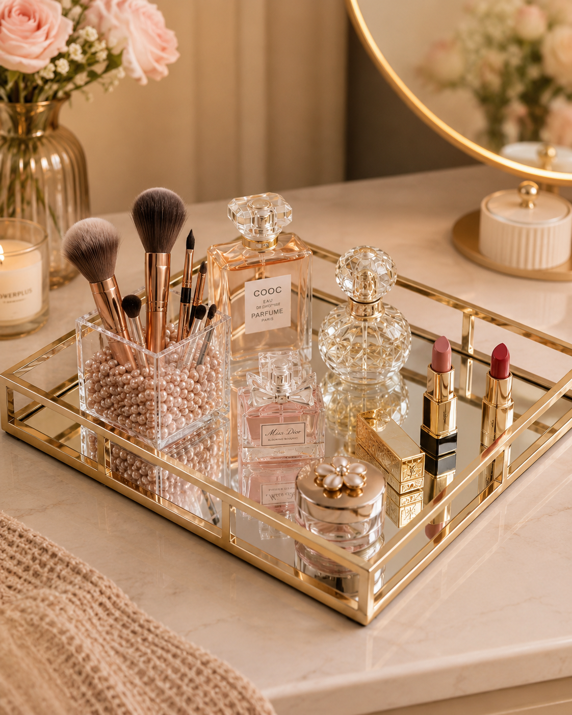 Luxury Gold Mirror Tray – Cosmetic & Perfume Organizer