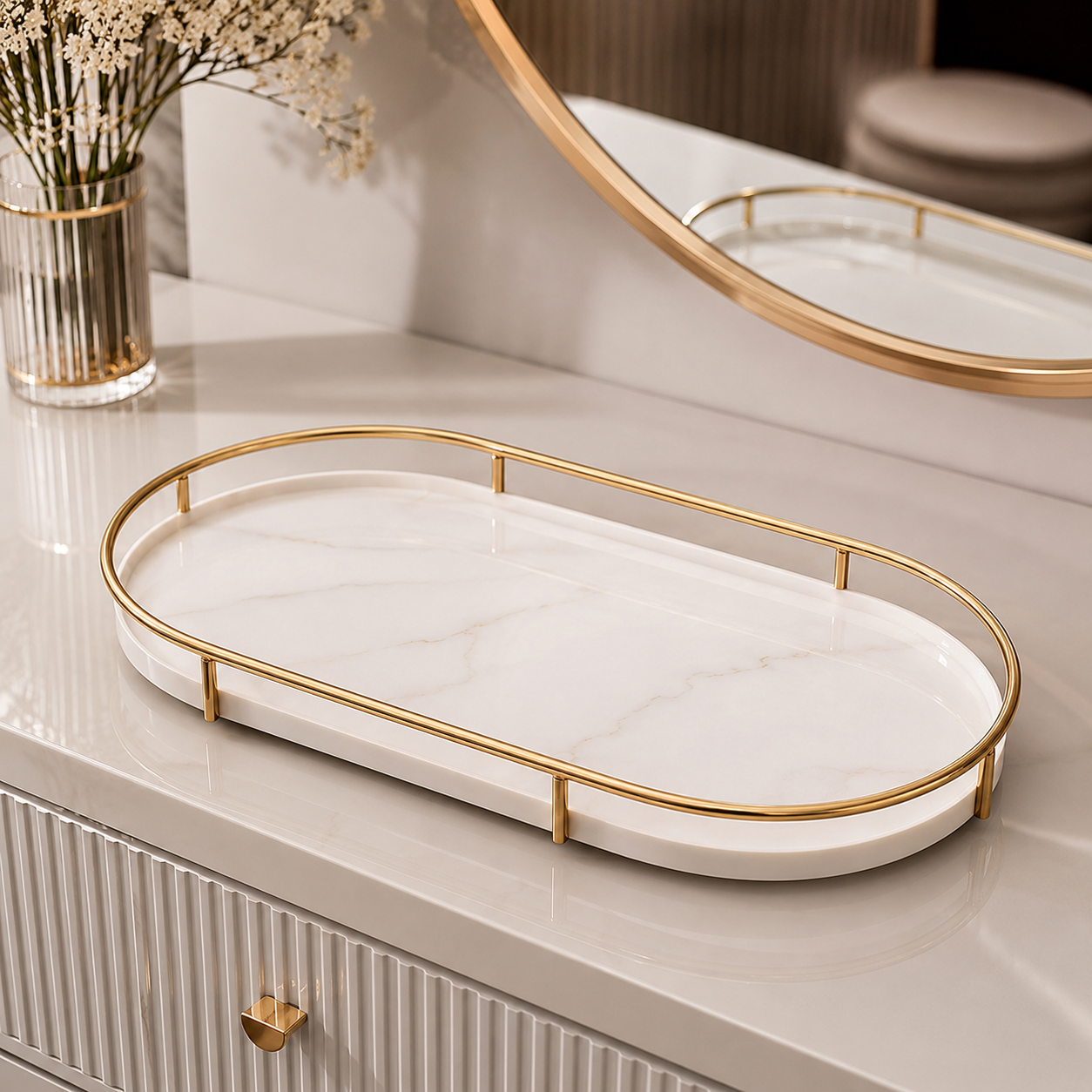 Premium Design Marble Cover Cosmetics Tray | Elegant Makeup Organizer with Protective Lid
