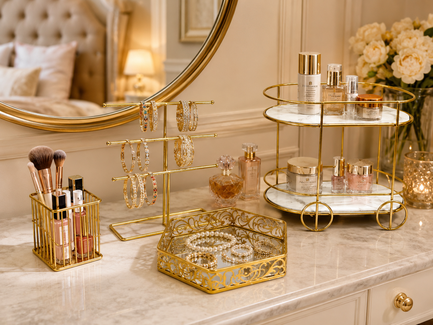 Deal No 4-Luxury Gold Vanity Organizer - 4 Pcs Makeup & Jewelry Storage Set