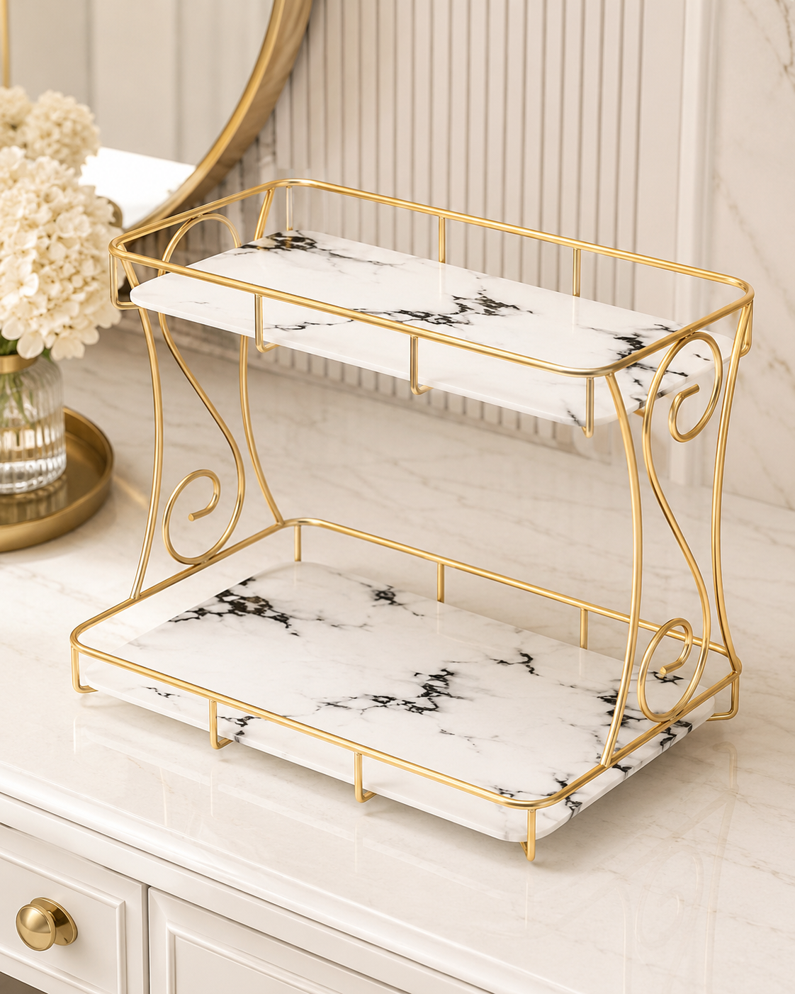 Luxury 2-Tier Marble Cosmetic Organizer Stand – Gold Frame Vanity Shelf