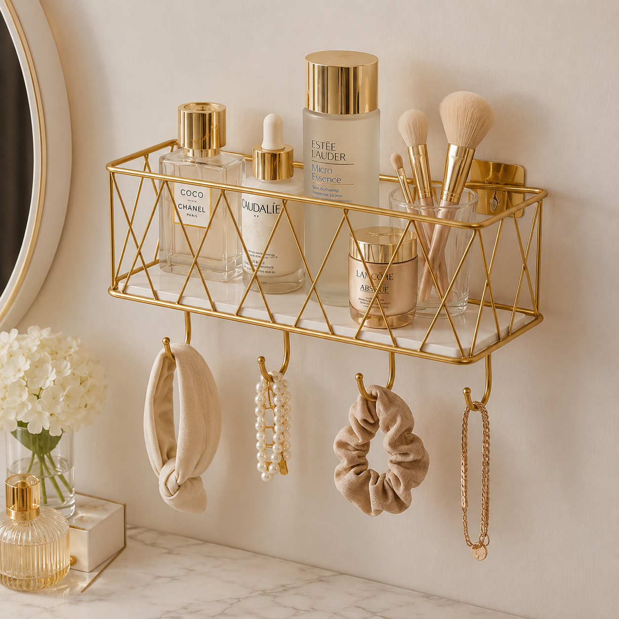 Luxury Gold Wall Mounted Cosmetic Organizer Shelf with Hooks