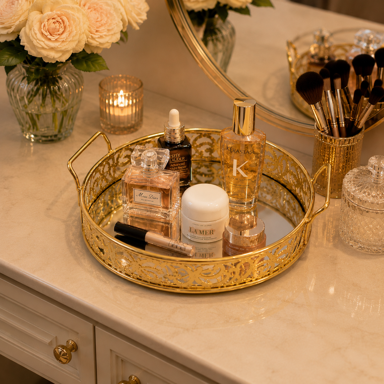 Luxury Golden Round Mirror Tray with Handles