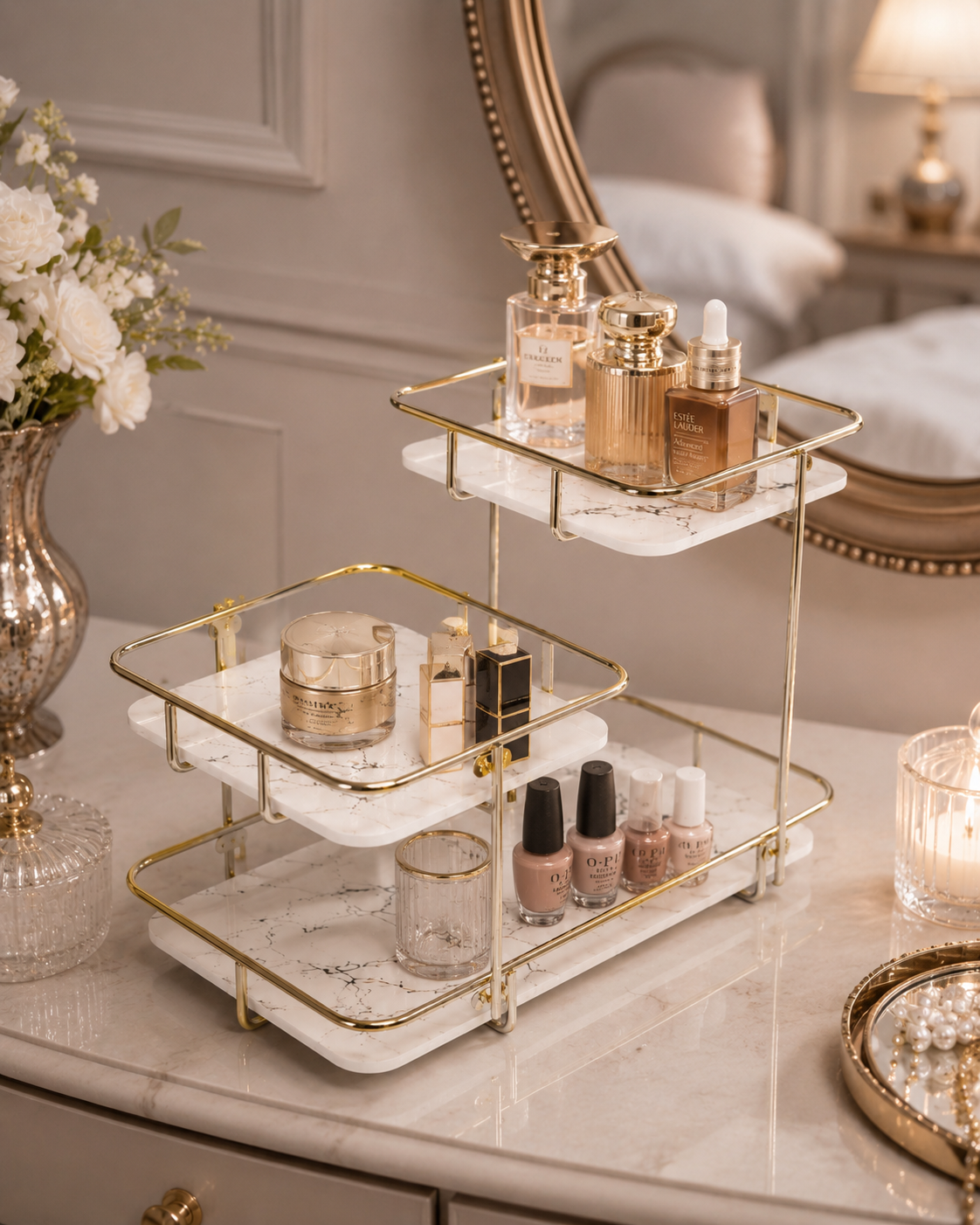 Luxury 3-Tier Marble Cosmetic Organizer Stand – Gold Frame Vanity Shelf