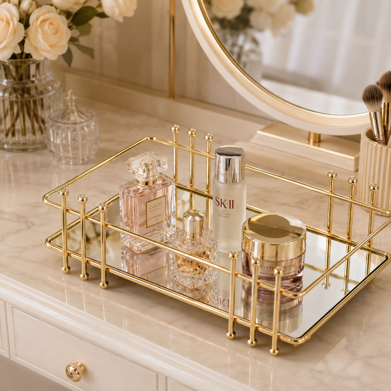 Luxury Golden Mirror Vanity Tray – Elegant Cosmetic & Perfume Organizer