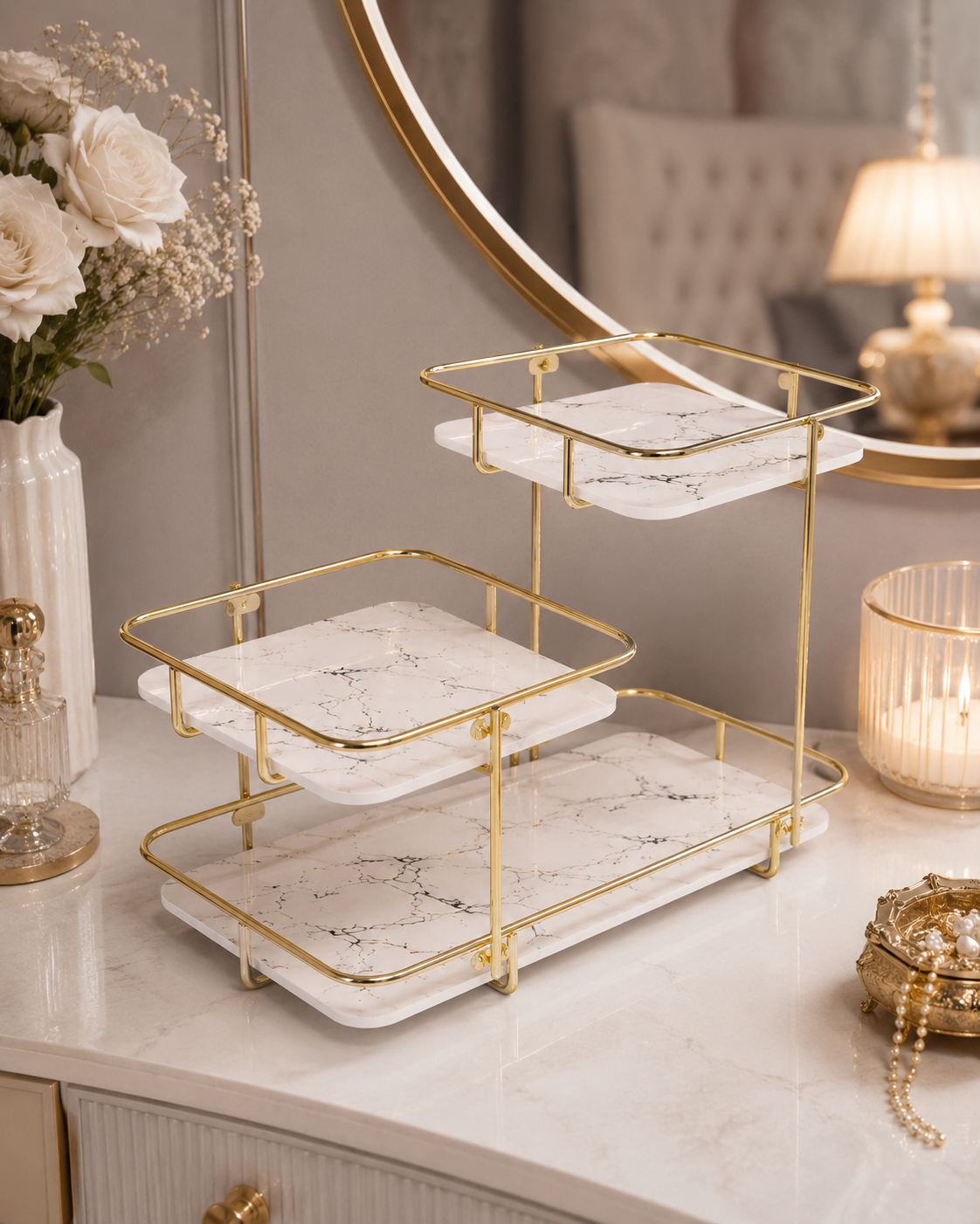 Luxury 3-Tier Marble Cosmetic Organizer Stand – Gold Frame Vanity Shelf