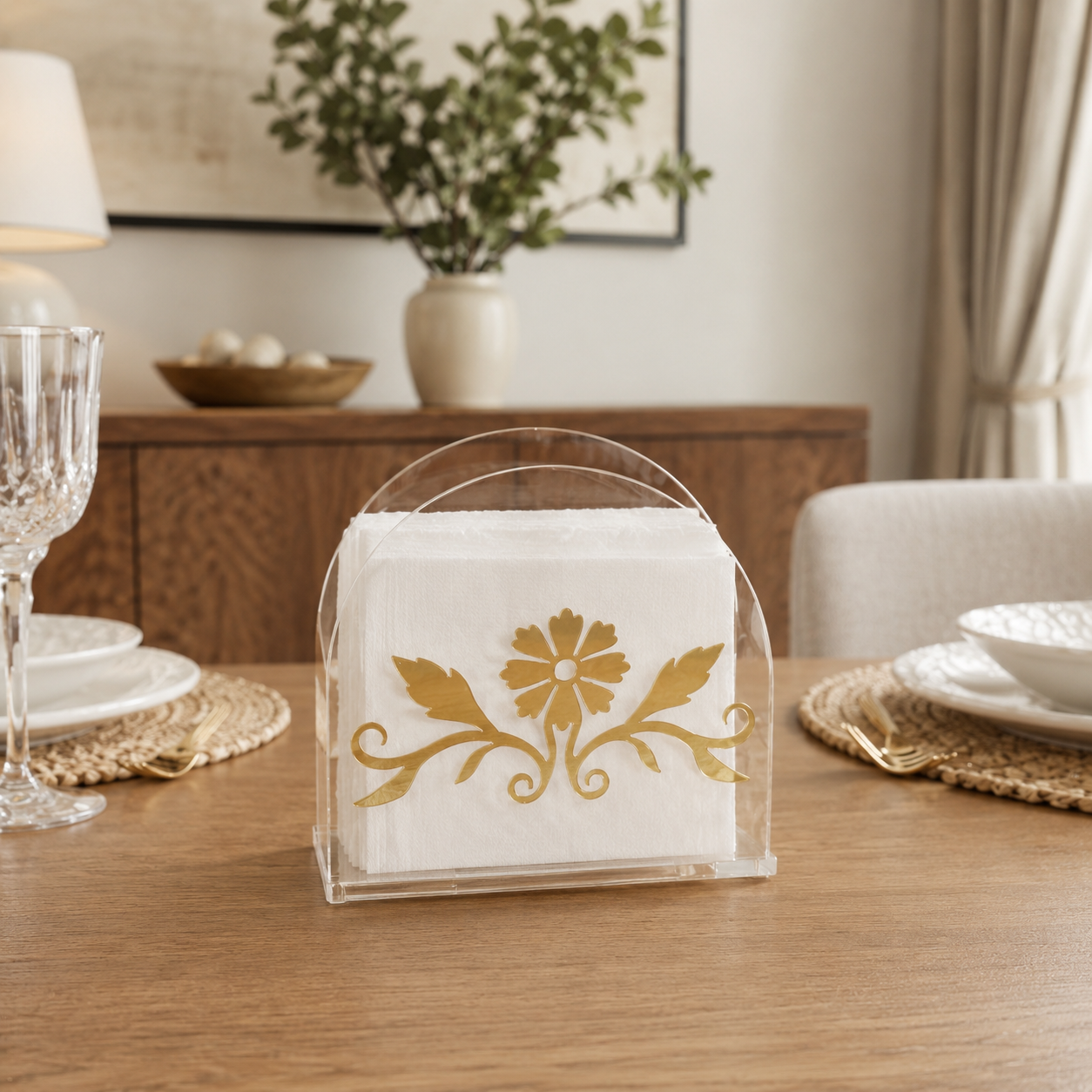 Luxury Golden Floral Acrylic Tissue Organizer