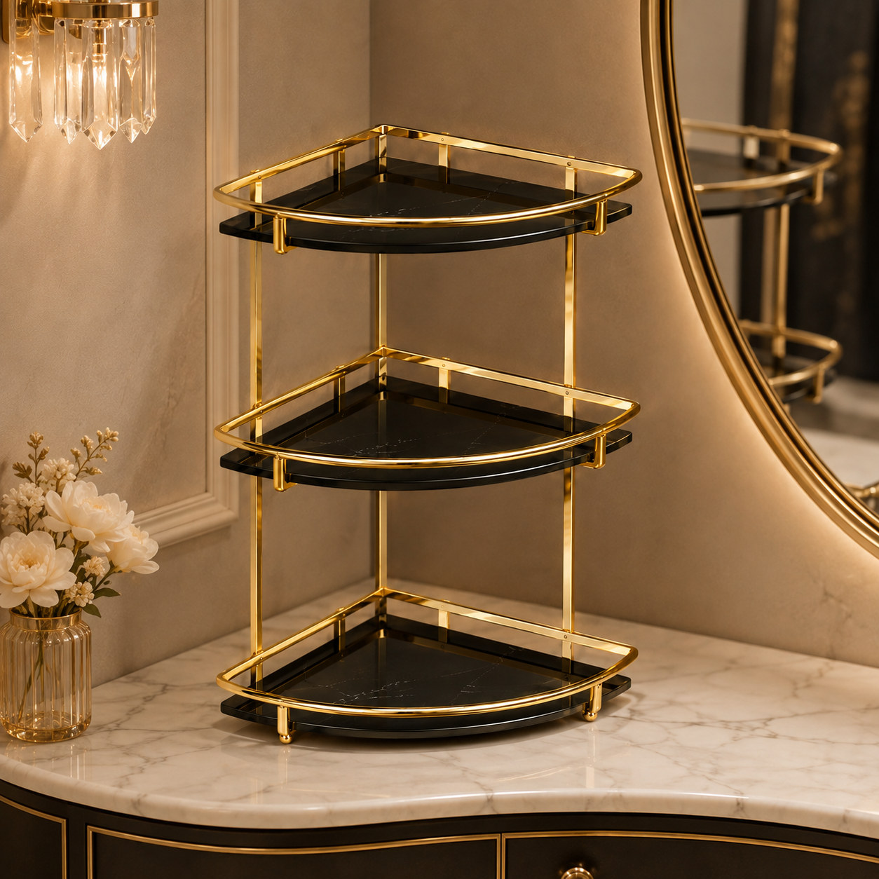 Luxury 3 Tier Golden Corner Organizer Rack – Bathroom & Vanity Storage Shelf